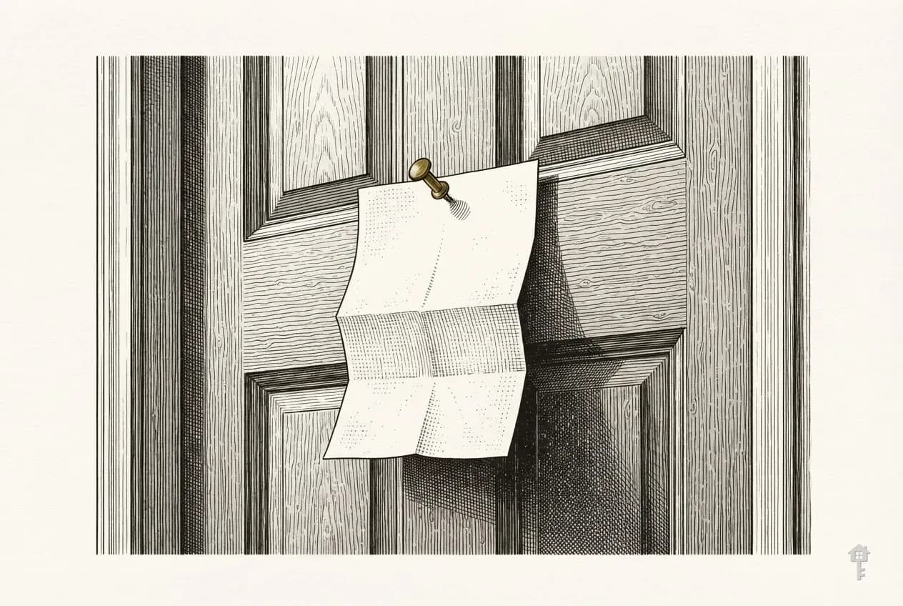 Engraved notice pinned to a door panel