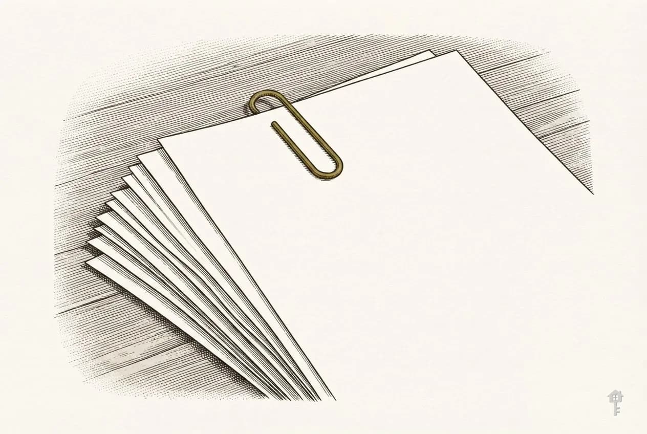 Engraved brass clip fastening a fanned stack of blank sheets