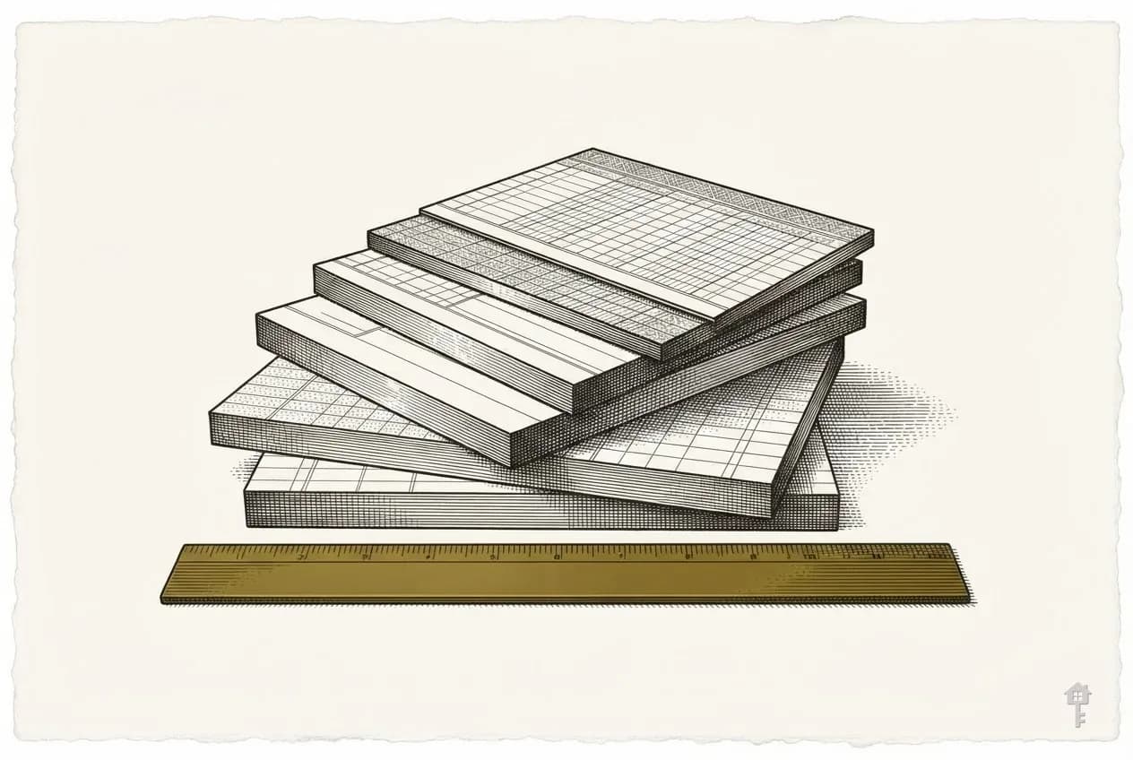 Engraved stepped ledger cards with a brass rule