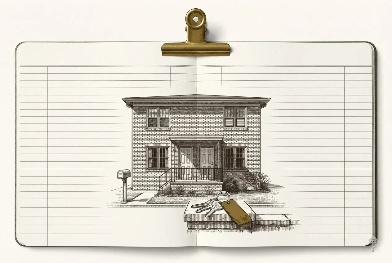 Engraving of an open ruled ledger spread under a brass clip, with a rental duplex and a key ring with a brass tag drawn across the two pages