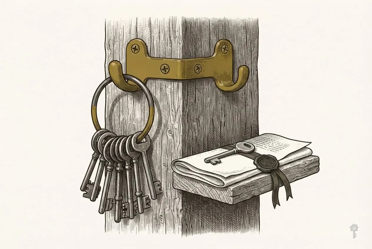 Engraving of a brass two-armed hook on a post: a ring of house keys on one hook, the other empty above a single key resting on a wax-sealed folded deed