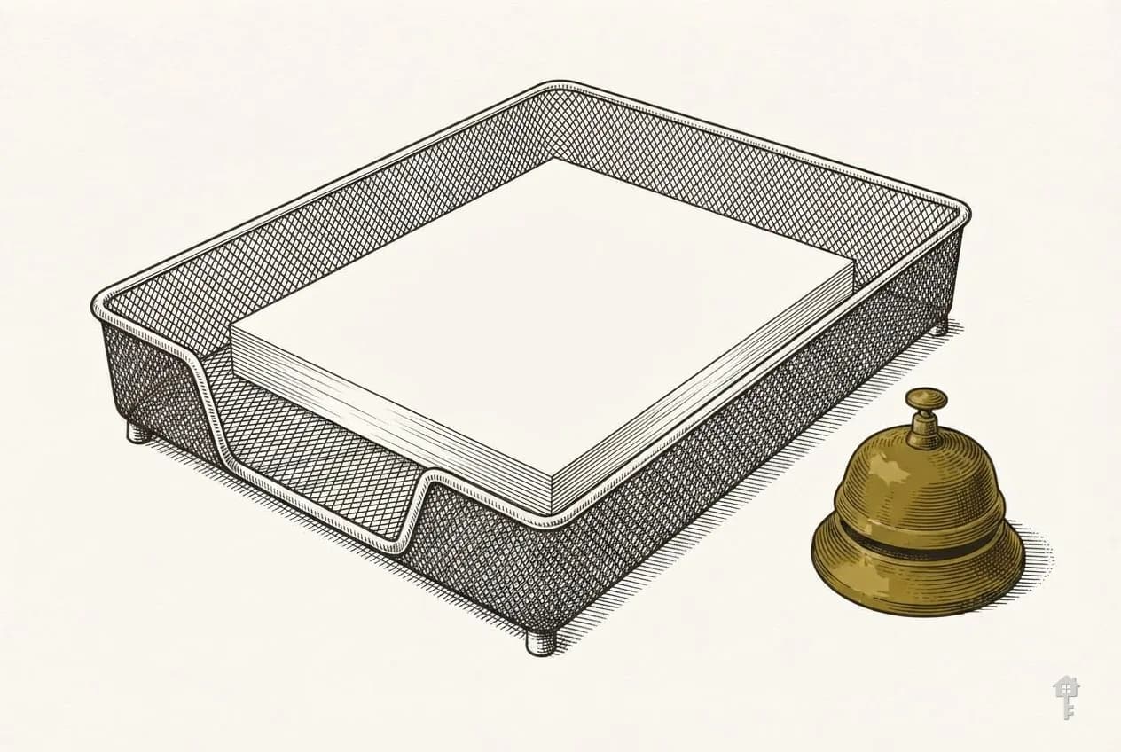 Engraved wire-mesh letter tray of blank sheets beside a brass desk bell