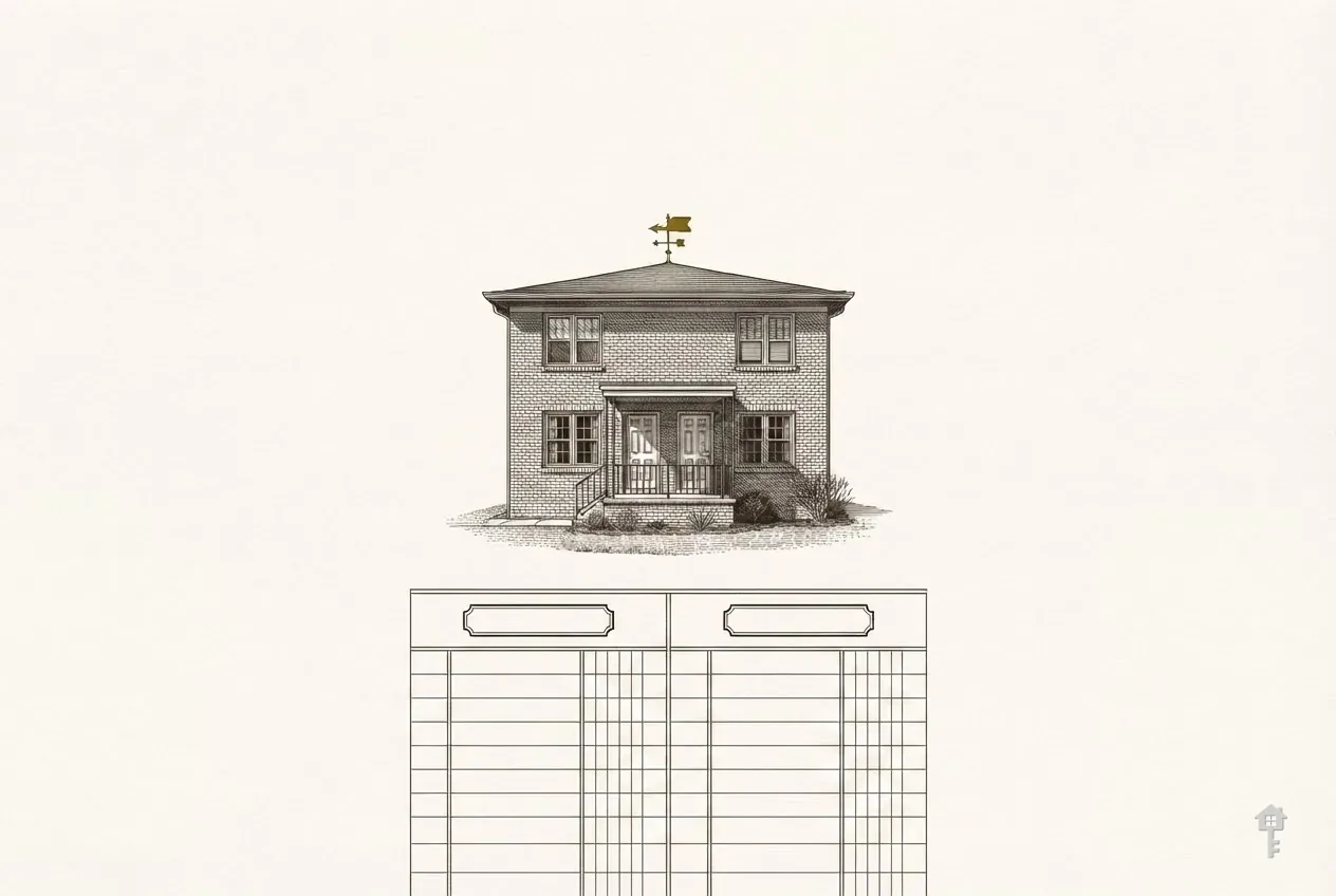 Engraved rental house above two ledger columns