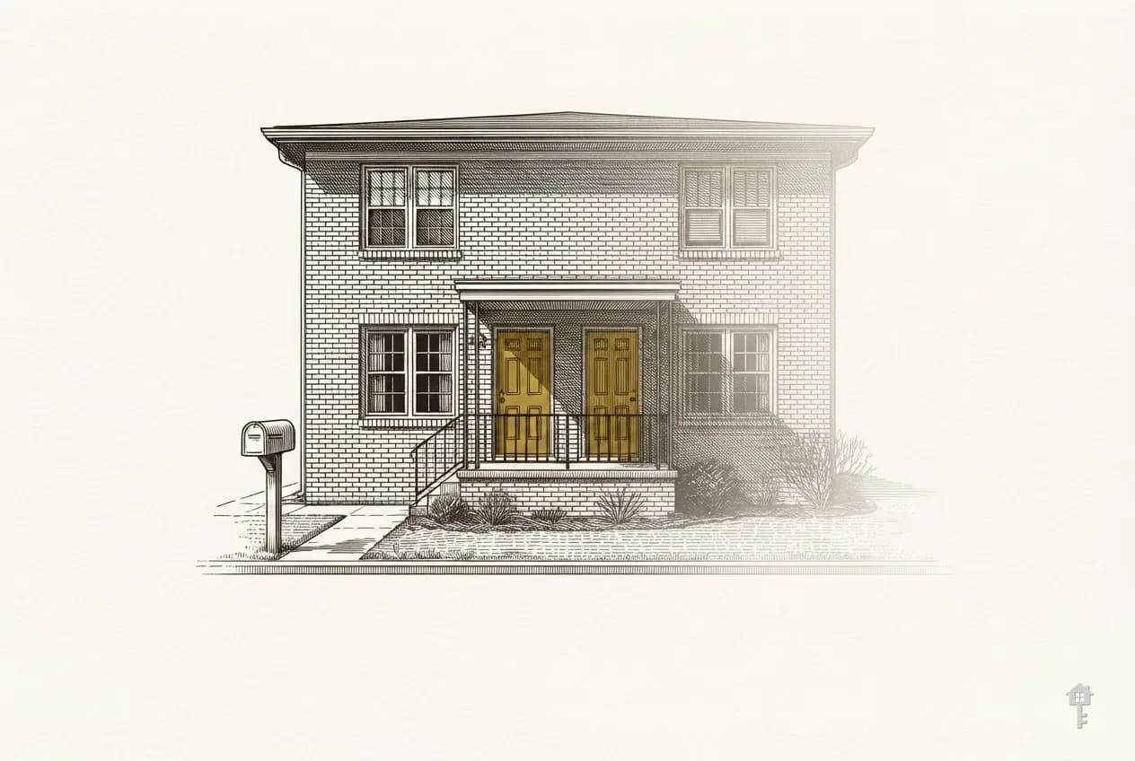 Engraved house elevation fading across the plate