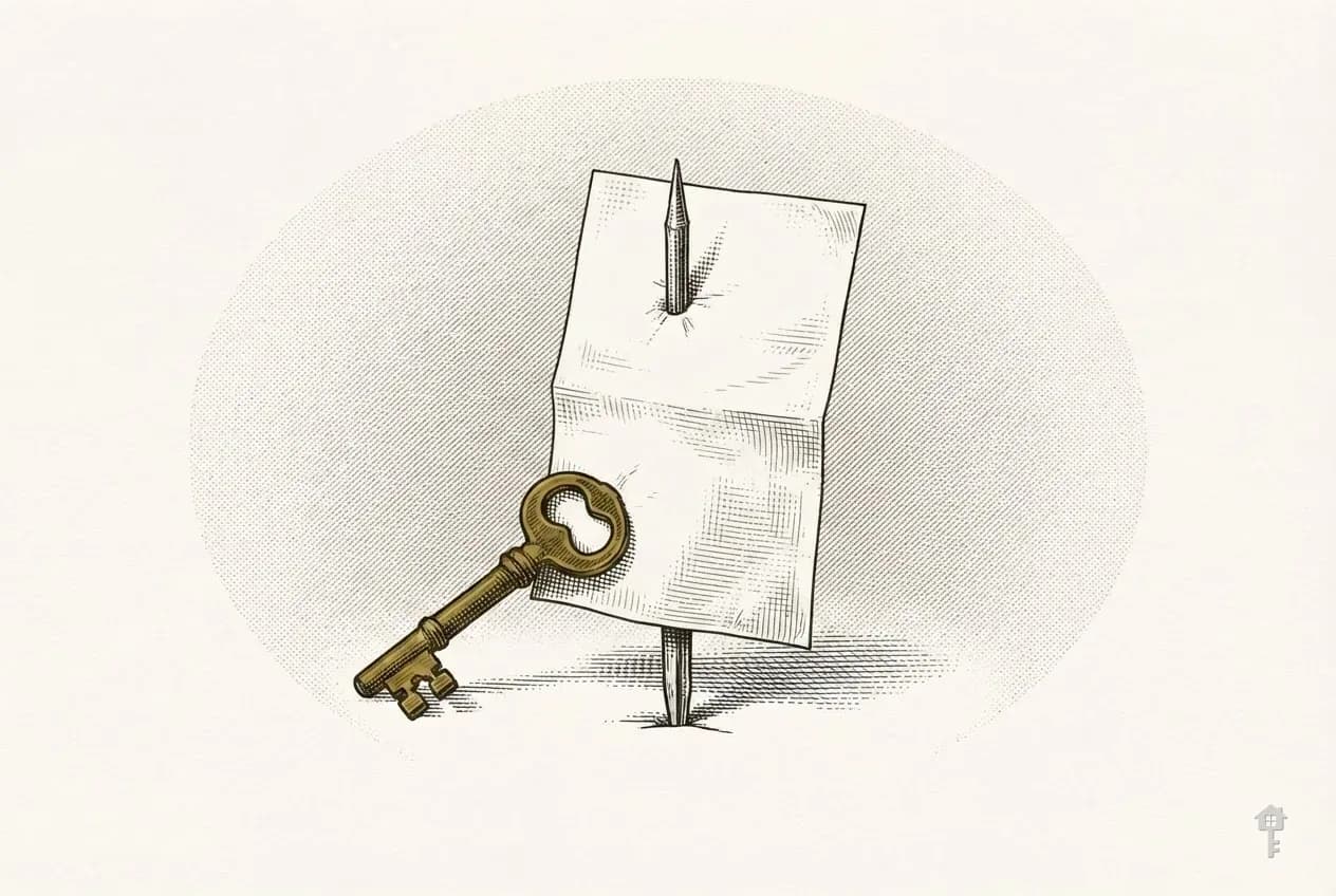 Engraved itemised slip on a spike beside a brass key