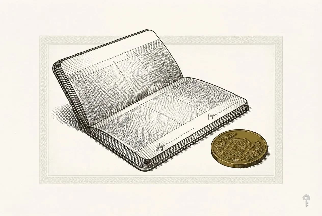 Engraved bank passbook beside a brass coin