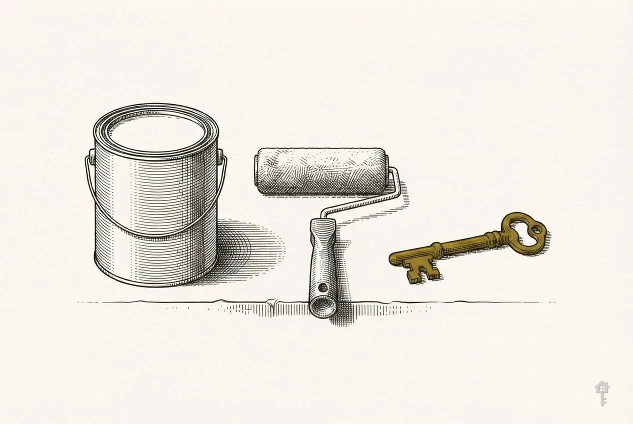 Engraved paint tin, roller and brass key in a row